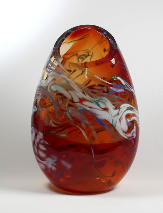 Burnt Orange with white blue and green - Front Cut Vase